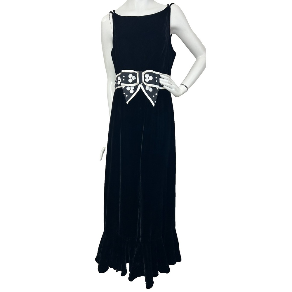 Sandine Originals Velvet Formal Dress Size Medium Black Ruffle Hem Bow USA EUC